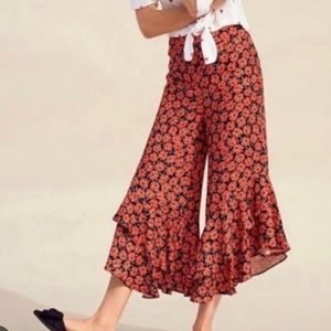 Ett Twa Anthropologie Virginie Floral Print Ruffle Wide Leg Cropped Pants 12